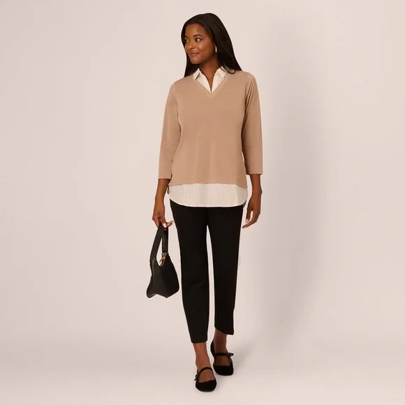 Adrianna Papell Three Quarter Sleeve Sweater Tan Ivory Stripe Top NWT Size S‎ - Picture 2 of 5